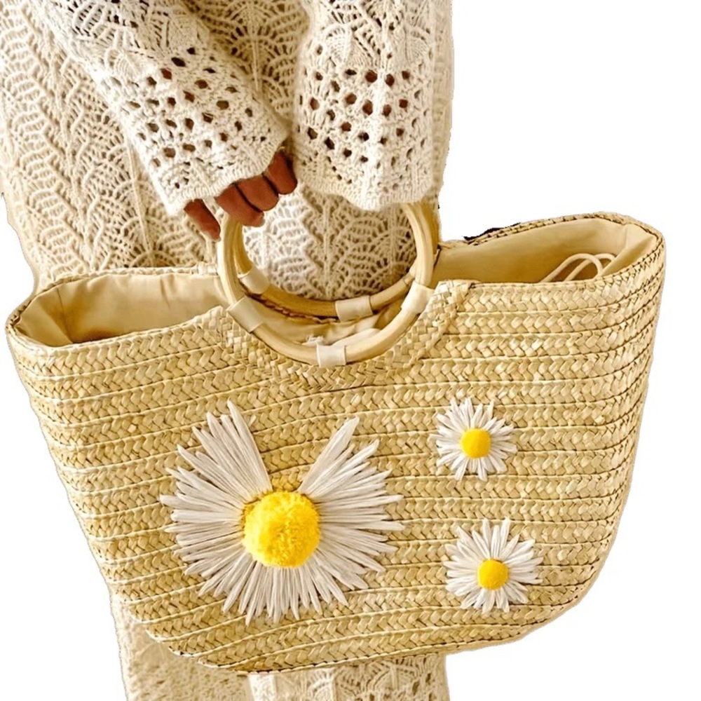 Handmade Woven Straw Bag With Daisy Embroidery Pastoral Style Casual Tote * NEW